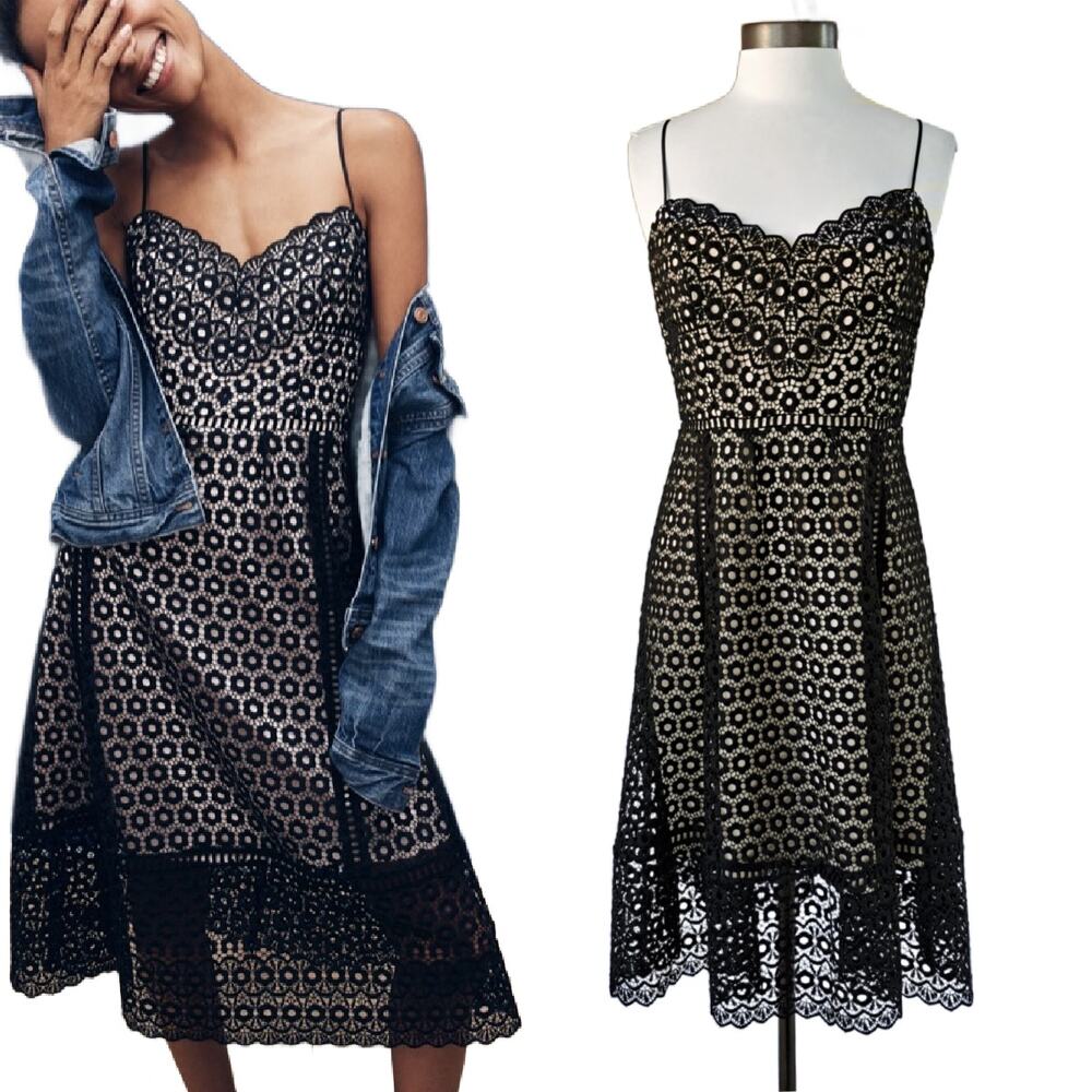 J Crew Black Daisy Lace Midi Dress Size 8 Spaghetti Strap Party